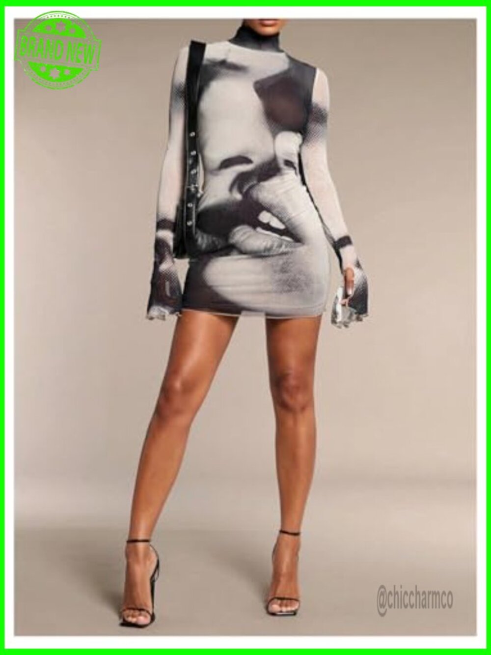 Graphic Print Bodycon Mini Dress Long Sleeve Turtleneck Pencil Dress - Picture 6 of 6